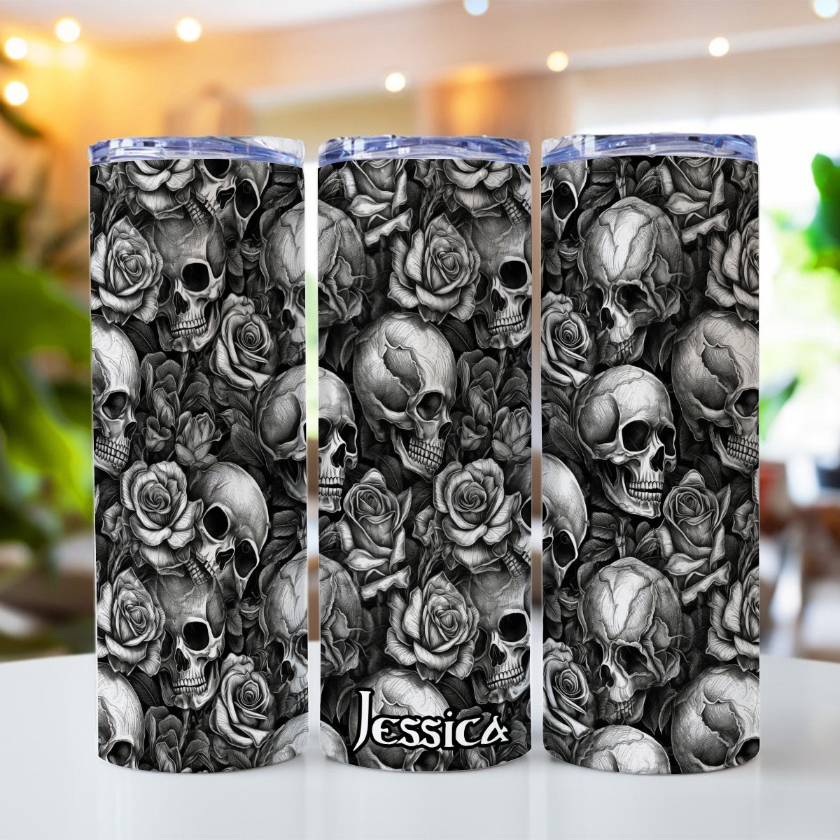 Glow In The Dark Skull Roses - Personalized Skull Glow Skinny Tumbler