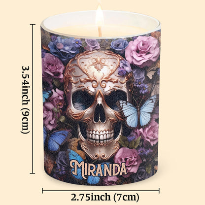 Beauty Of The Dark Skull Roses Butterflies - Personalized Skull Candle With Wooden Lid