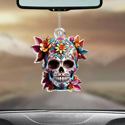 Floral Sugar Skull - Personalized Skull Custom Shaped Car Ornament