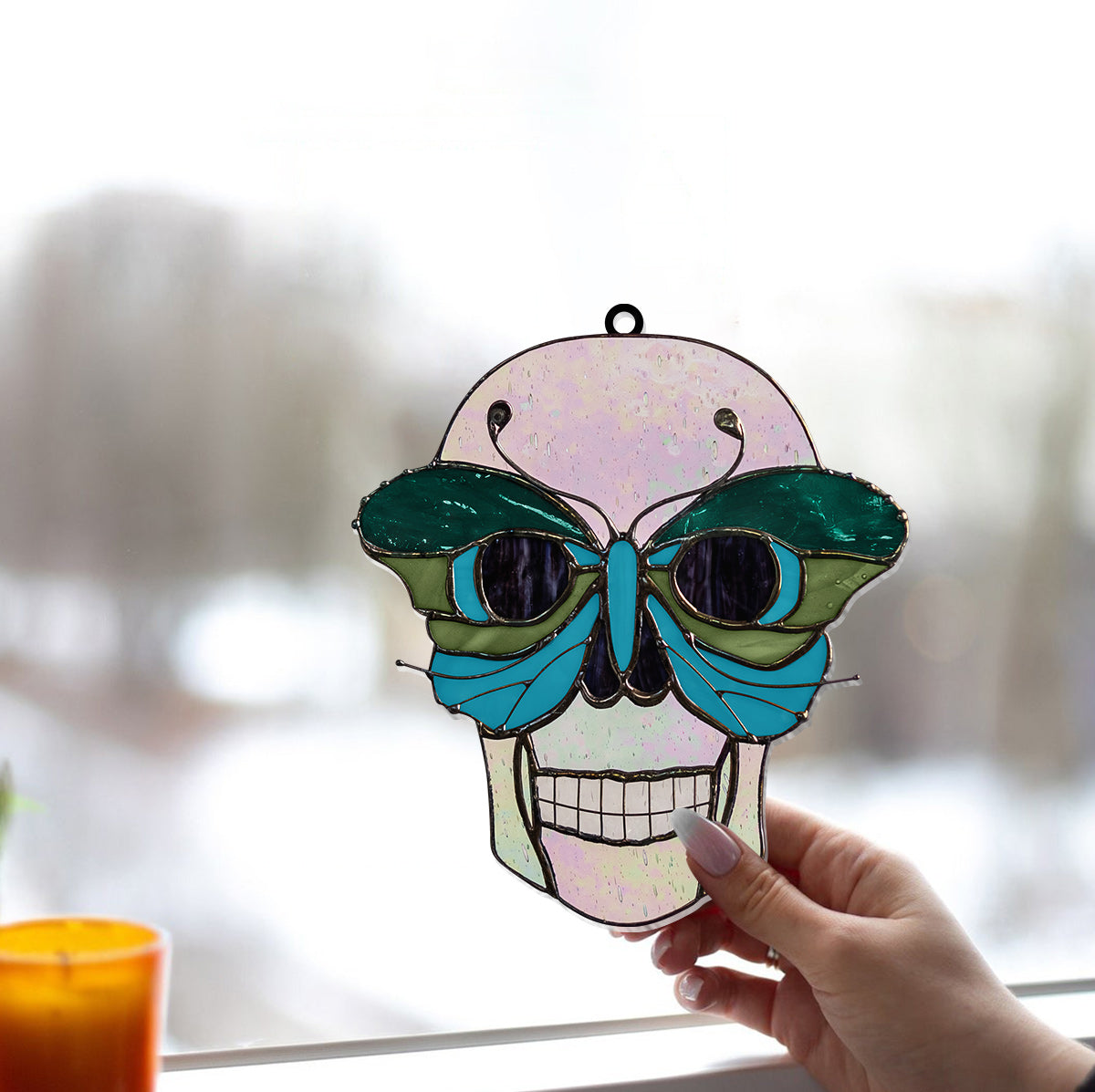 Skull With Colorful Butterfly - Personalized Skull Window Hanging Suncatcher Ornament