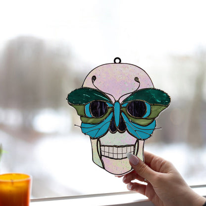 Skull With Colorful Butterfly - Personalized Skull Window Hanging Suncatcher Ornament