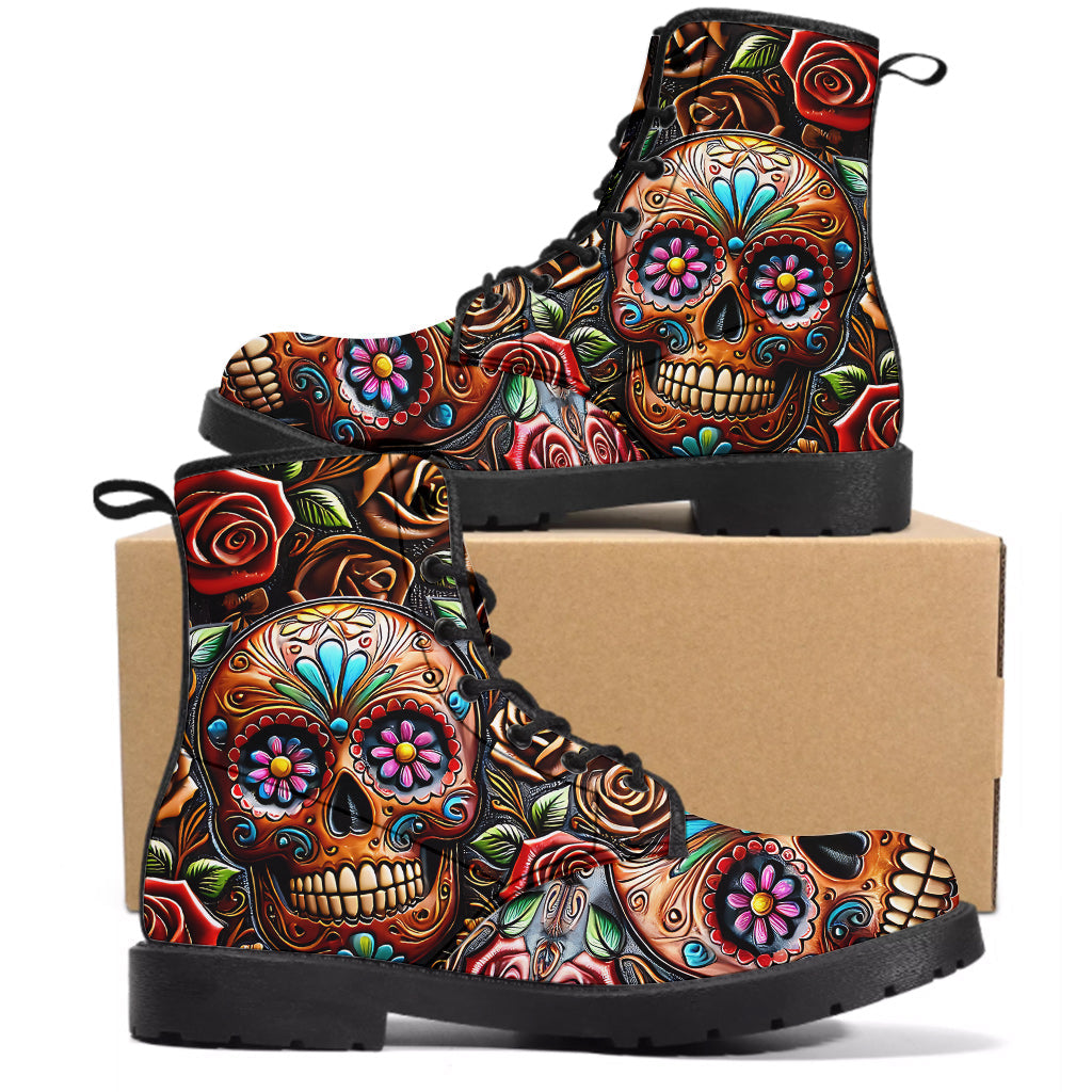 Roses And Skull - Skull Leather Boots