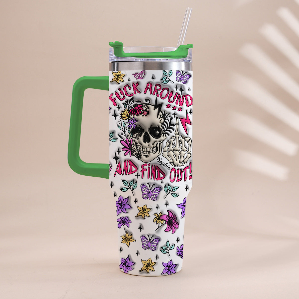 Fuck Around And Find Out - Personalized Skull Tumbler With Handle