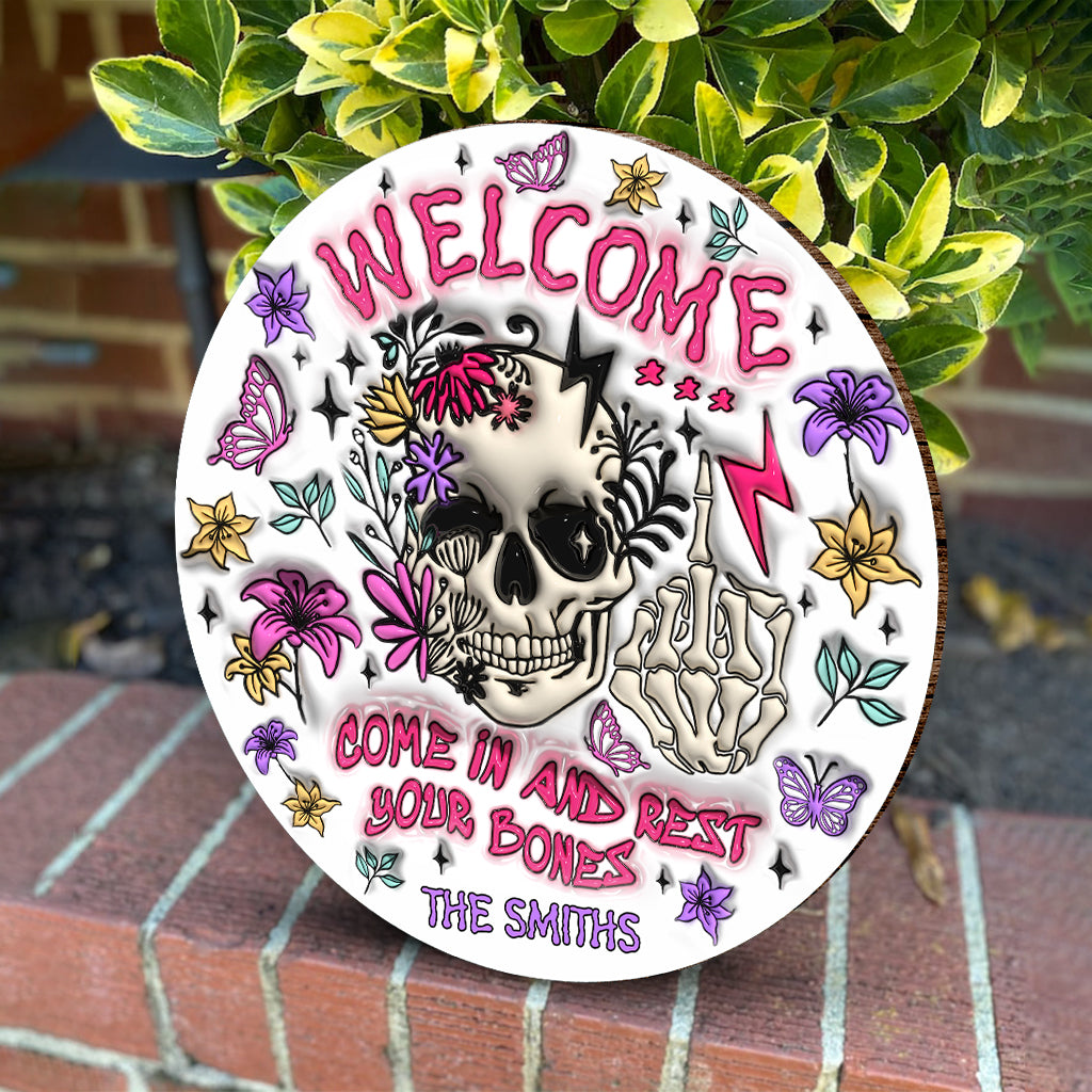 Come In And Rest - Personalized Skull Round Wood Sign