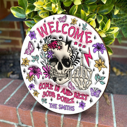 Come In And Rest - Personalized Skull Round Wood Sign