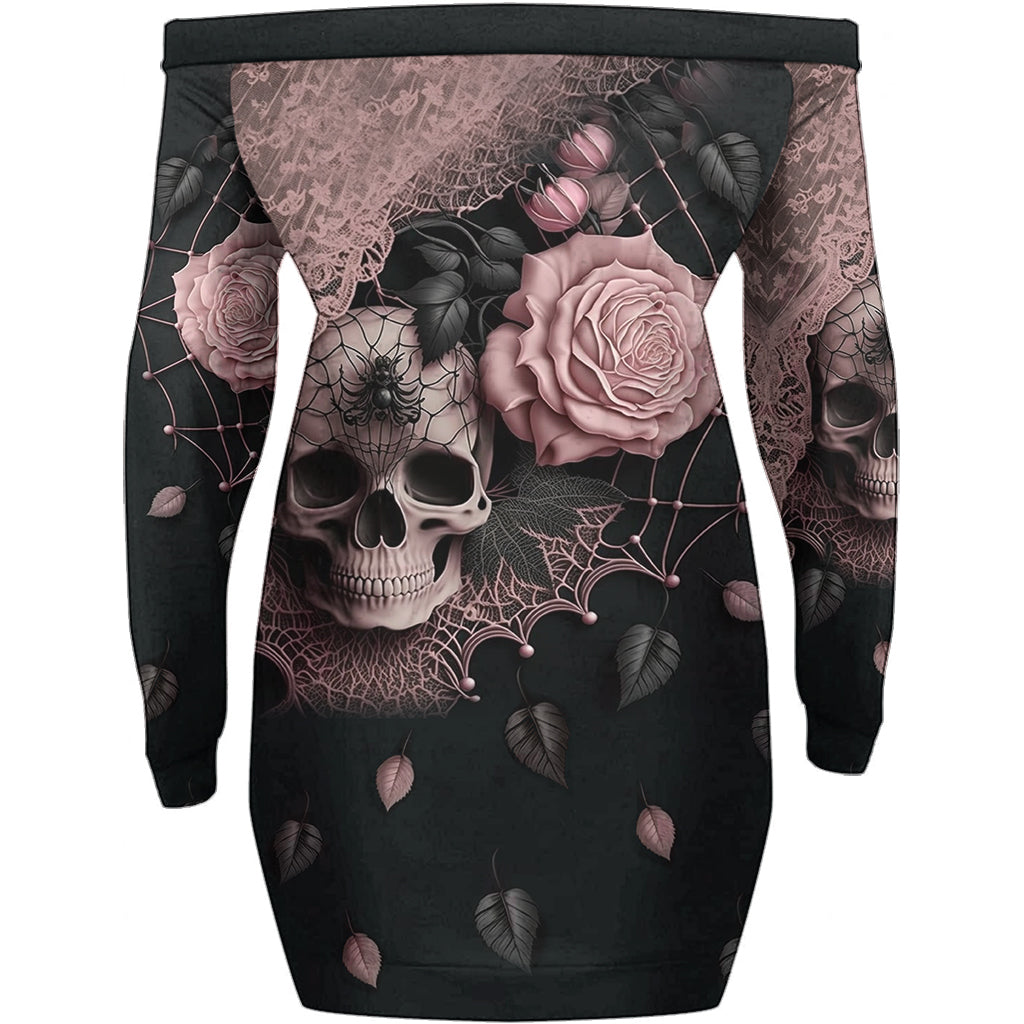 Enchanting Floral & Skull - Personalized Skull Off Shoulder Long Sleeve Dress