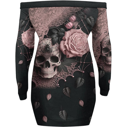 Enchanting Floral & Skull - Personalized Skull Off Shoulder Long Sleeve Dress