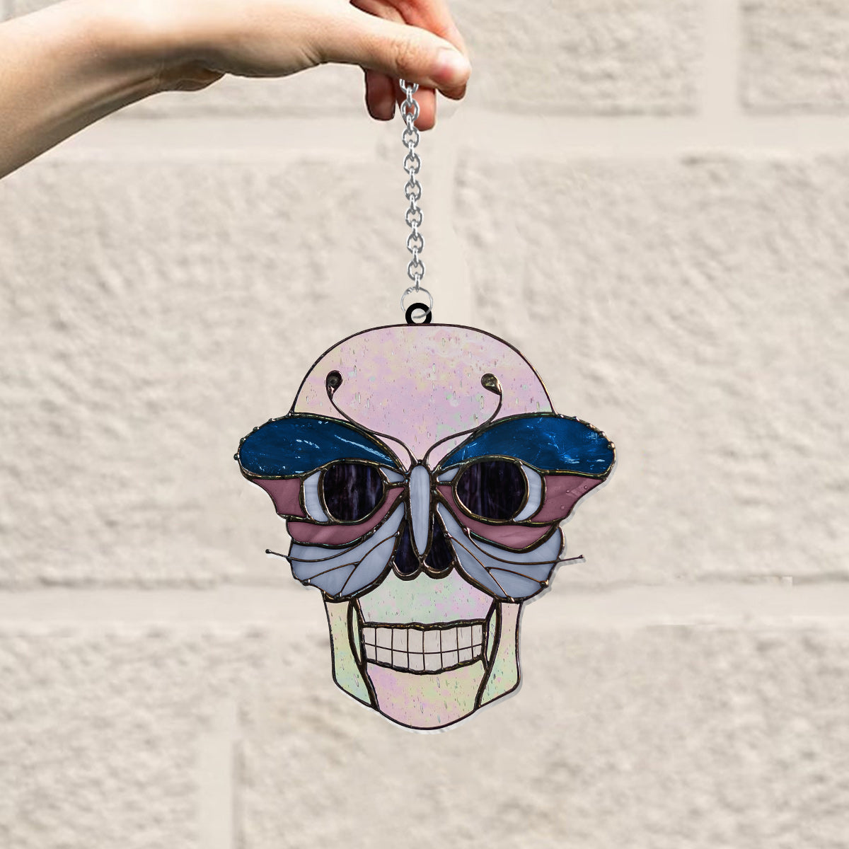 Skull With Colorful Butterfly - Personalized Skull Window Hanging Suncatcher Ornament
