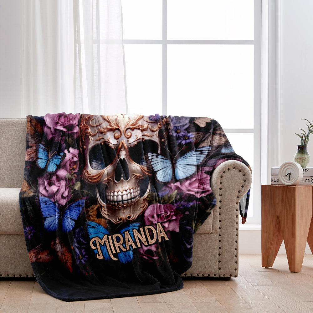 Beauty Of The Dark Skull Roses Butterflies - Personalized Skull Blanket