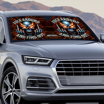 F Around And Find Out Fire Skeleton - Personalized Skull Car Sunshade