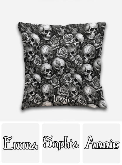 Skull Roses Black And White - Personalized Skull Throw Pillow