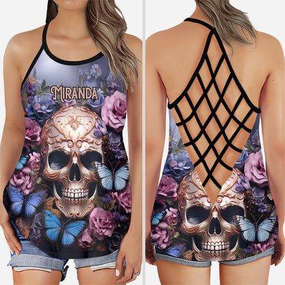 Beauty Of The Dark Skull Roses Butterflies - Personalized Skull Cross Tank Top