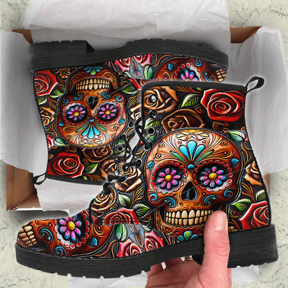 Roses And Skull - Skull Leather Boots