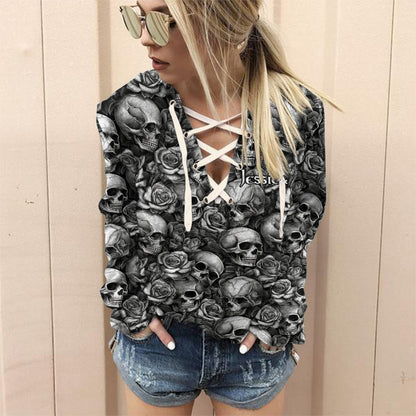 Skull Roses Black And White - Personalized Skull Off Shoulder Long Sleeve Dress