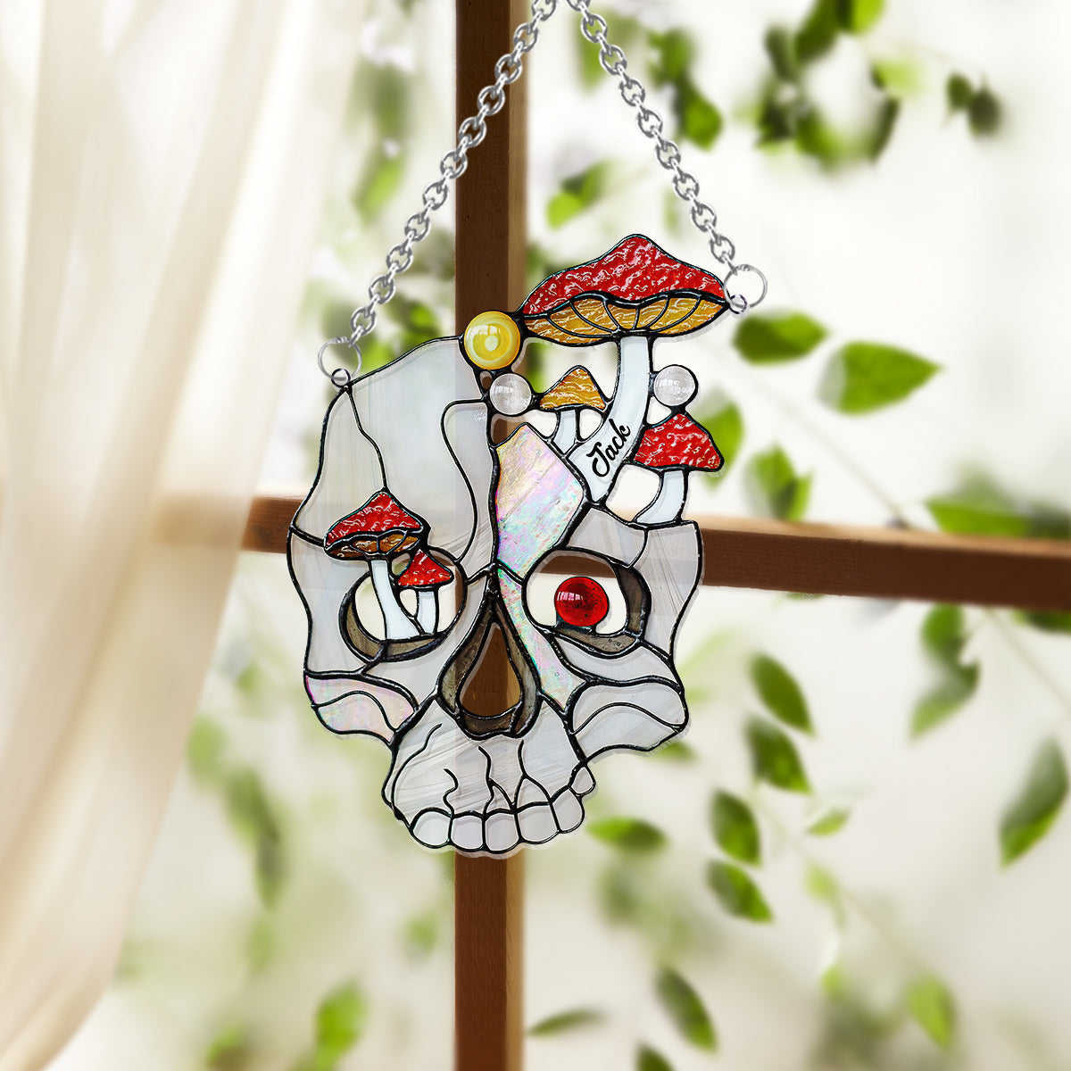 Mushroom White Skull - Personalized Skull Window Hanging Suncatcher Ornament
