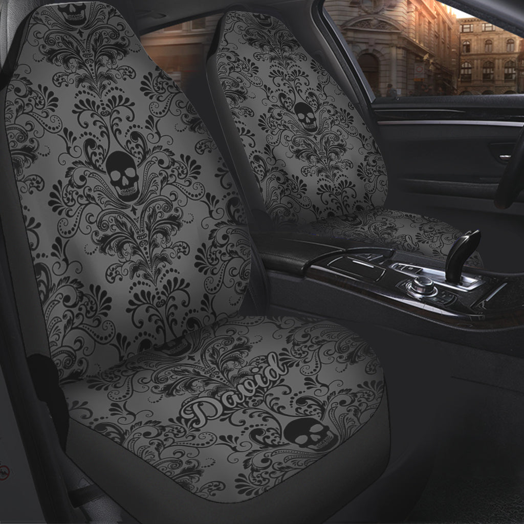 Black & Gray Floral Skull - Personalized Skull Seat Covers