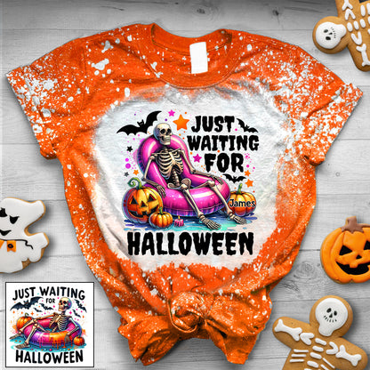 Just Waiting For Halloween - Personalized Skull Bleached T-Shirt