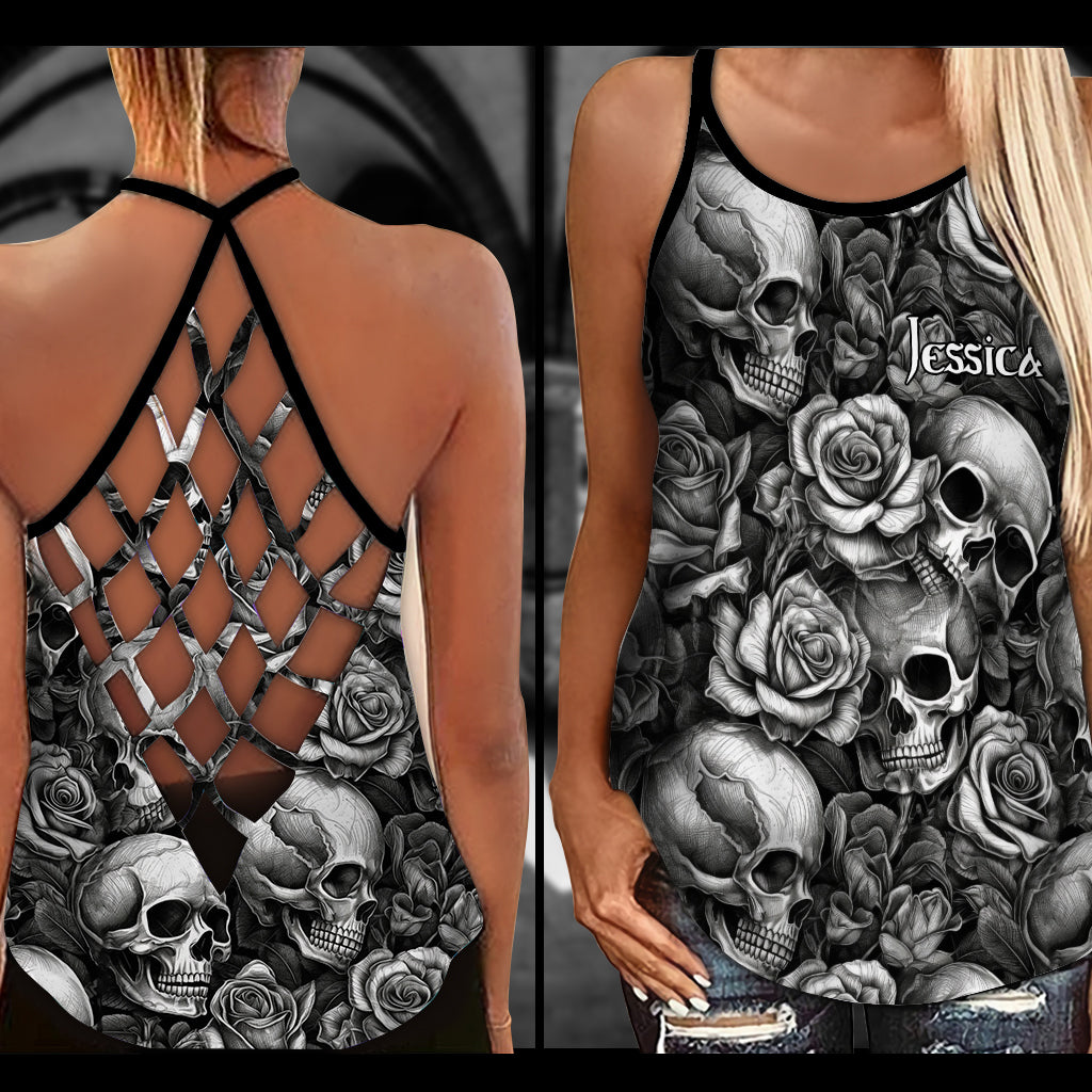 Skull Roses Black And White - Personalized Skull Cross Tank Top