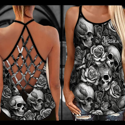 Skull Roses Black And White - Personalized Skull Cross Tank Top