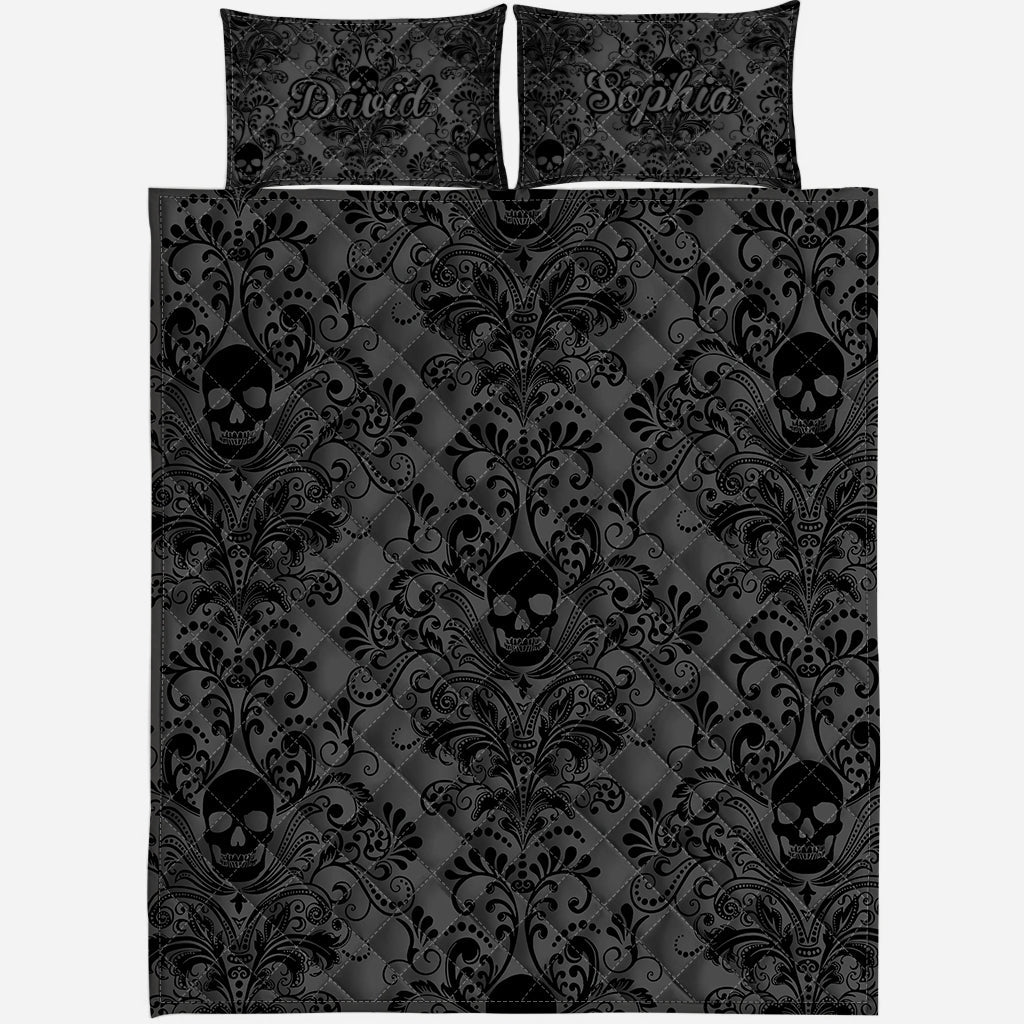 Black & Gray Floral Skull - Personalized Skull Quilt Set