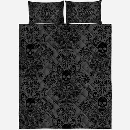 Black & Gray Floral Skull - Personalized Skull Quilt Set