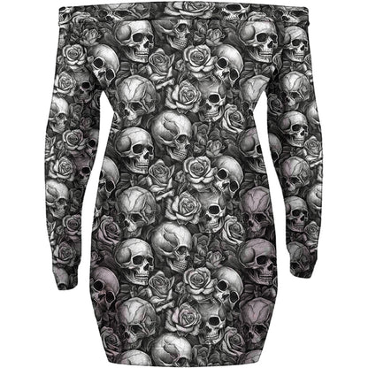 Skull Roses Black And White - Personalized Skull Off Shoulder Long Sleeve Dress
