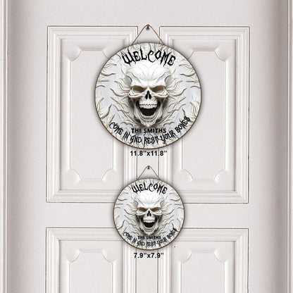 Come In And Rest - Personalized Skull Round Wood Sign