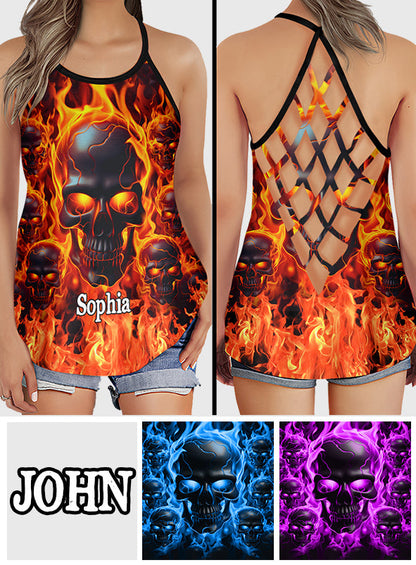 Melted Skull On Fire - Personalized Skull Cross Tank Top