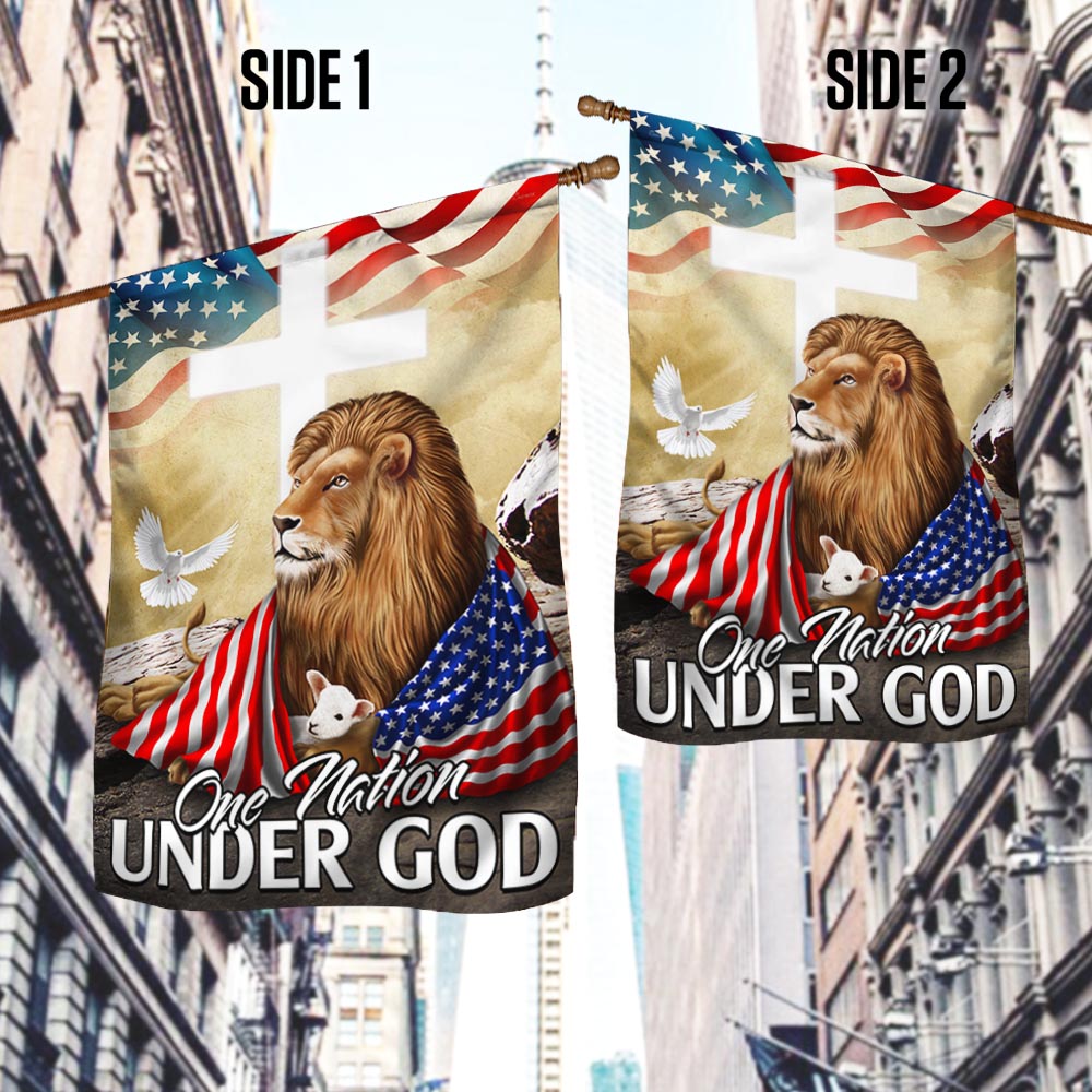One Nation Under God Lion Lamb Christian Cross Flag MLN1374F