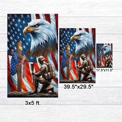 FLAGWIX Patriotic Eagle Veteran Kneeling Soldier Christ Cross Memorial Day American Flag MLN2793F