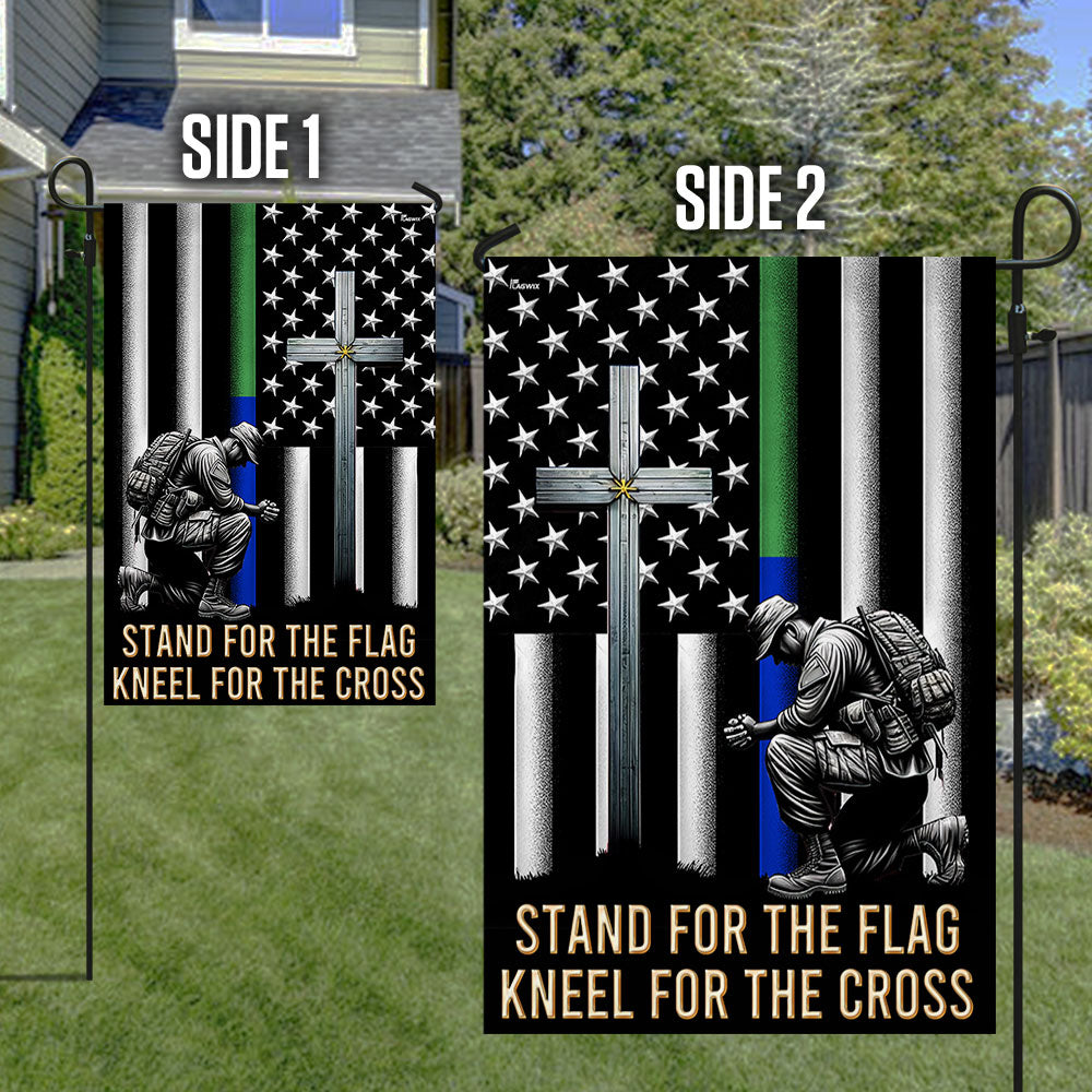 FLAGWIX  Veteran Kneeling Christ Cross Thin Green &amp; Blue Line American Flag MLN2286Fv1