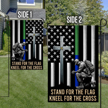 FLAGWIX  Veteran Kneeling Christ Cross Thin Green &amp; Blue Line American Flag MLN2286Fv1