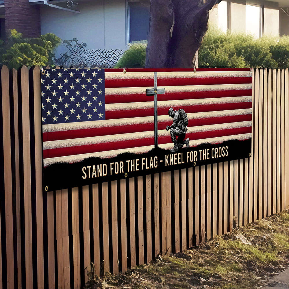 Memorial Day Veteran Kneeling Christ Cross American Fence Banner MLN2609FB