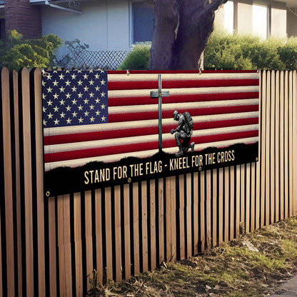 Memorial Day Veteran Kneeling Christ Cross American Fence Banner MLN2609FB