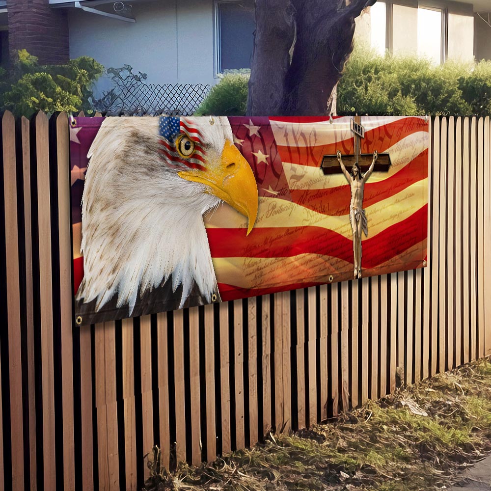 Memorial Day Patriotic Eagle Memorial We Stand For The Flag We Kneel For The Cross Fence Banner MLN2652FB