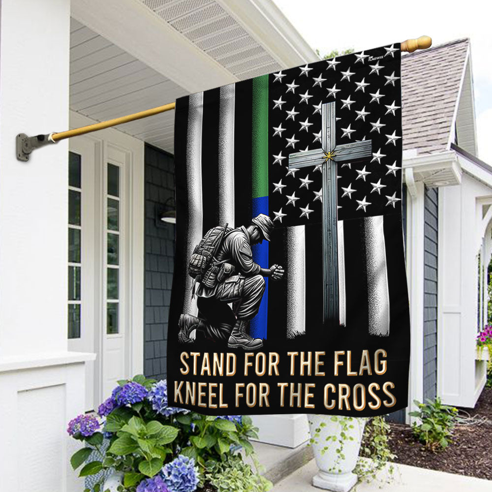 FLAGWIX  Veteran Kneeling Christ Cross Thin Green &amp; Blue Line American Flag MLN2286Fv1