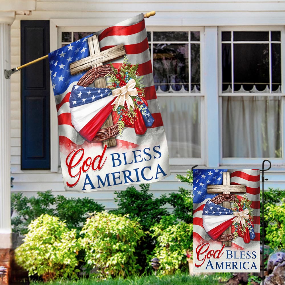 Flagwix American Flag - God Bless America American Wreath Patriot Christian Cross Flag MLN1410F