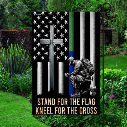 FLAGWIX  Veteran Kneeling Christ Cross Thin Green &amp; Blue Line American Flag MLN2286Fv1