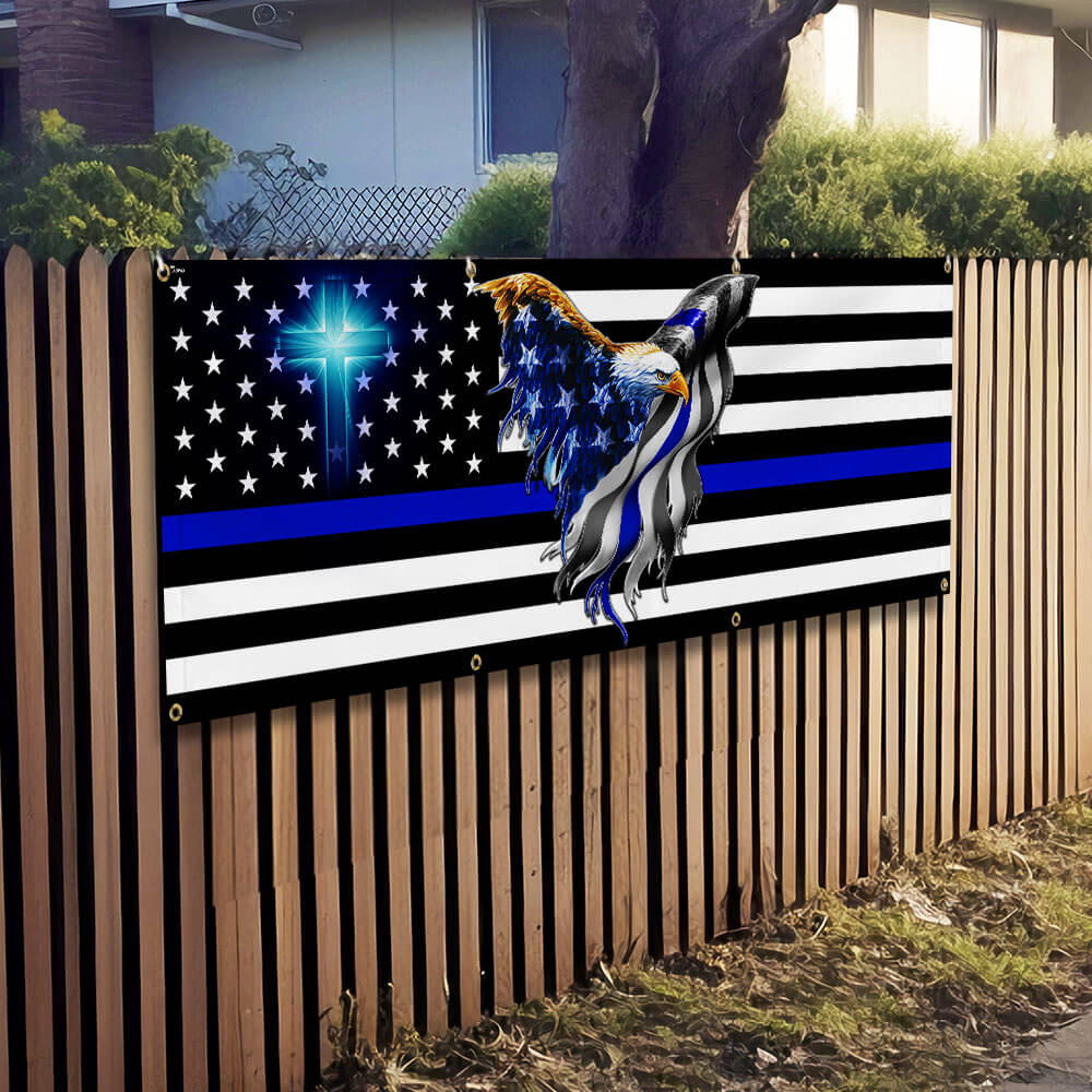 The Thin Blue Line. Police. Law Enforcement American Eagle Fence Banner TPT1631FB