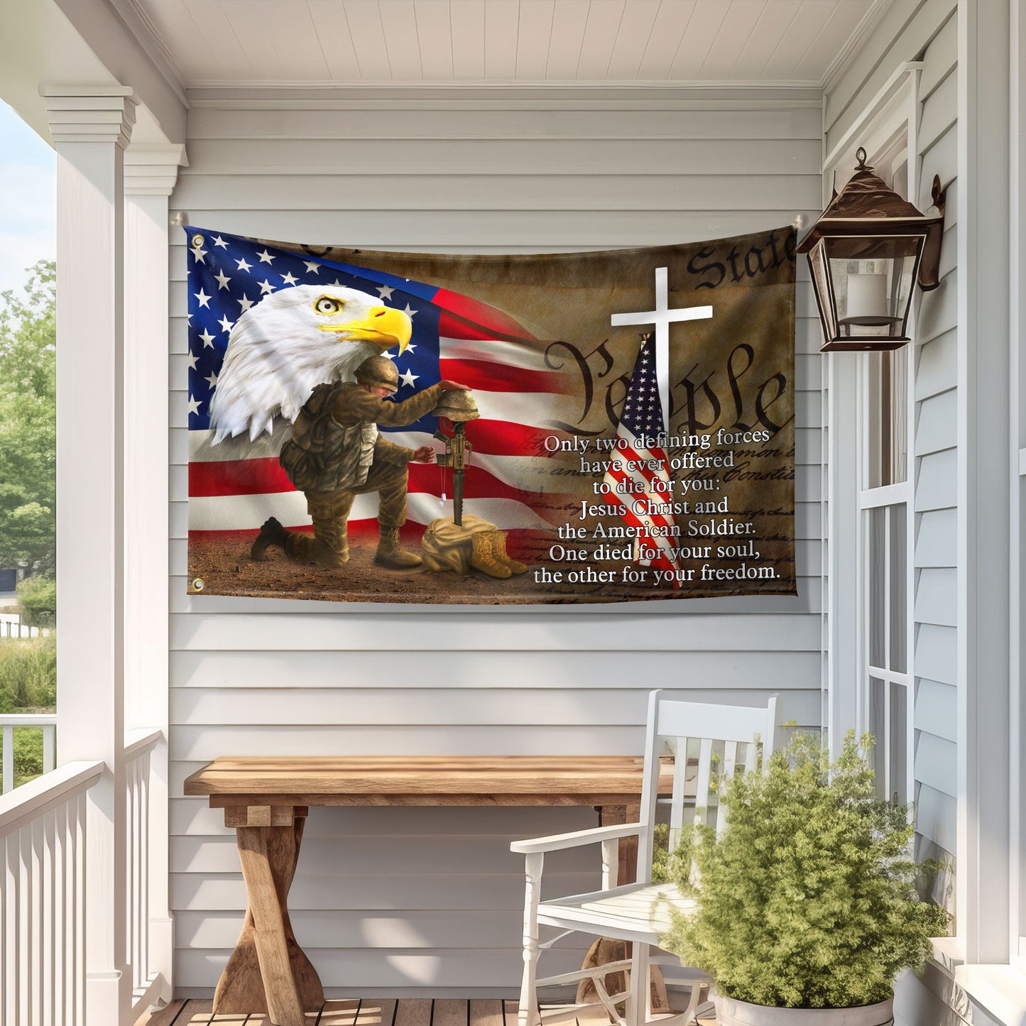 Owe To Jesus Christ And The American Soldier Grommet Flag. Veteran Christ Cross Grommet Flag MLN110GF