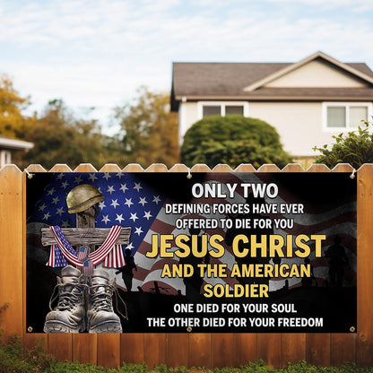 U.S. Veteran Day Jesus Christ And The American Soldier Fence Banner TQN2692FB