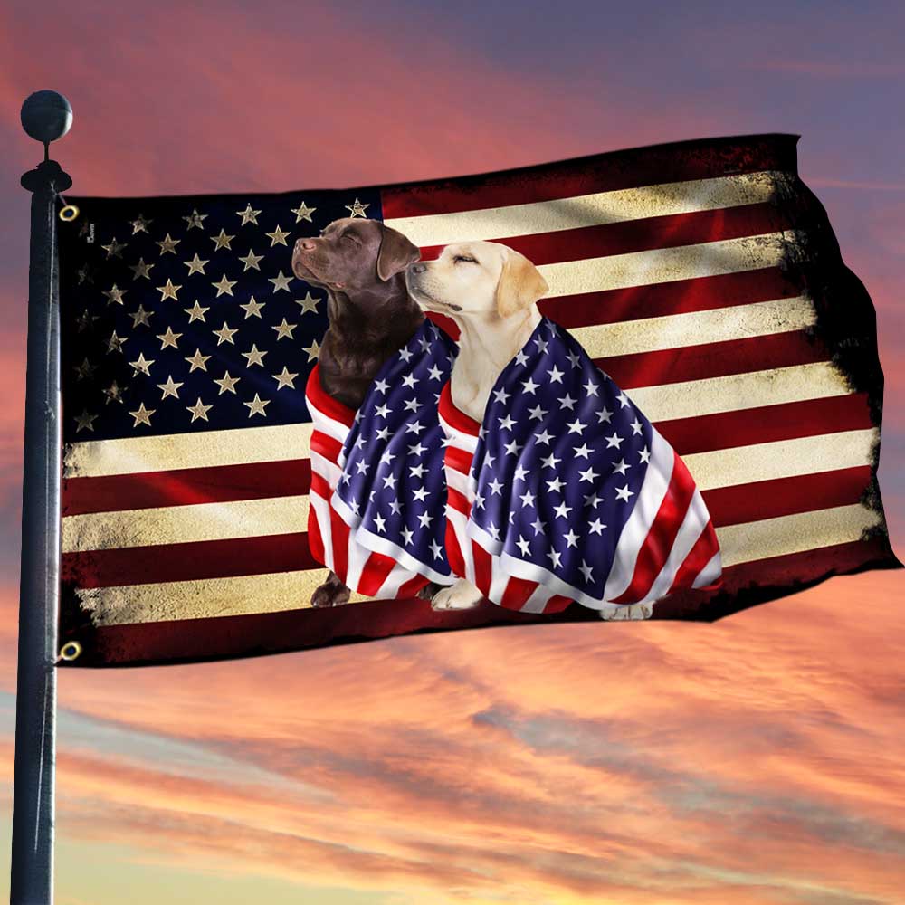 Chocolate Labrador And Yellow Labrador Retrievers Patriotic American Flag Wrapped in Glory TPT1265GF