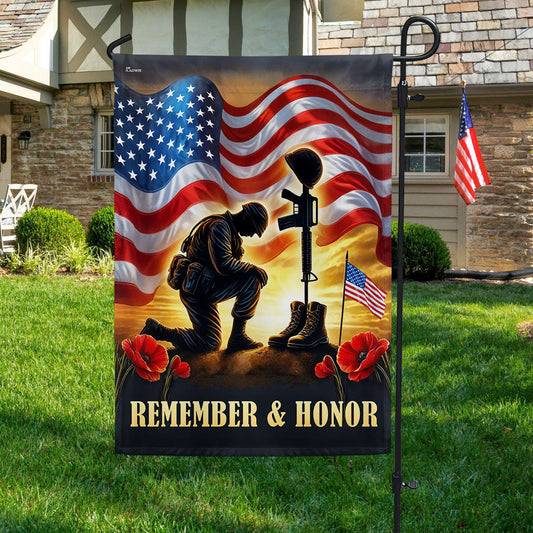 Memorial Day Remember & Honor Kneeling Solider American Flag MLN5324TTH