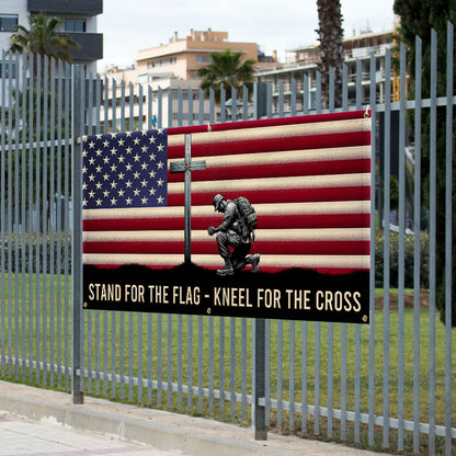 Memorial Day Veteran Kneeling Christ Cross American Fence Banner MLN2609FB