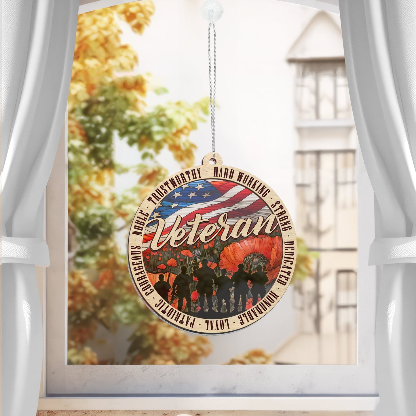 Veterans Memorial Poppy Patriotic American Veteran 2 Layered Hanging Suncatcher TPT2210WH