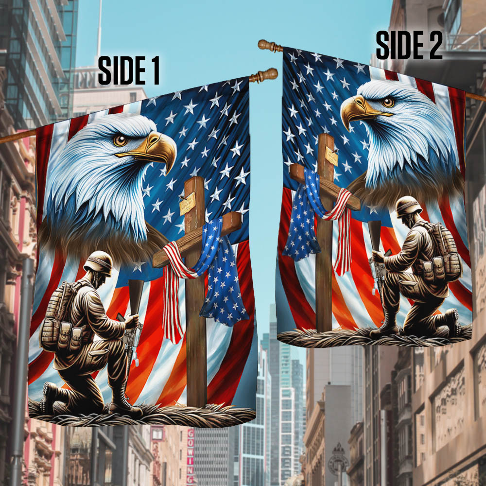 FLAGWIX Patriotic Eagle Veteran Kneeling Soldier Christ Cross Memorial Day American Flag MLN2793F