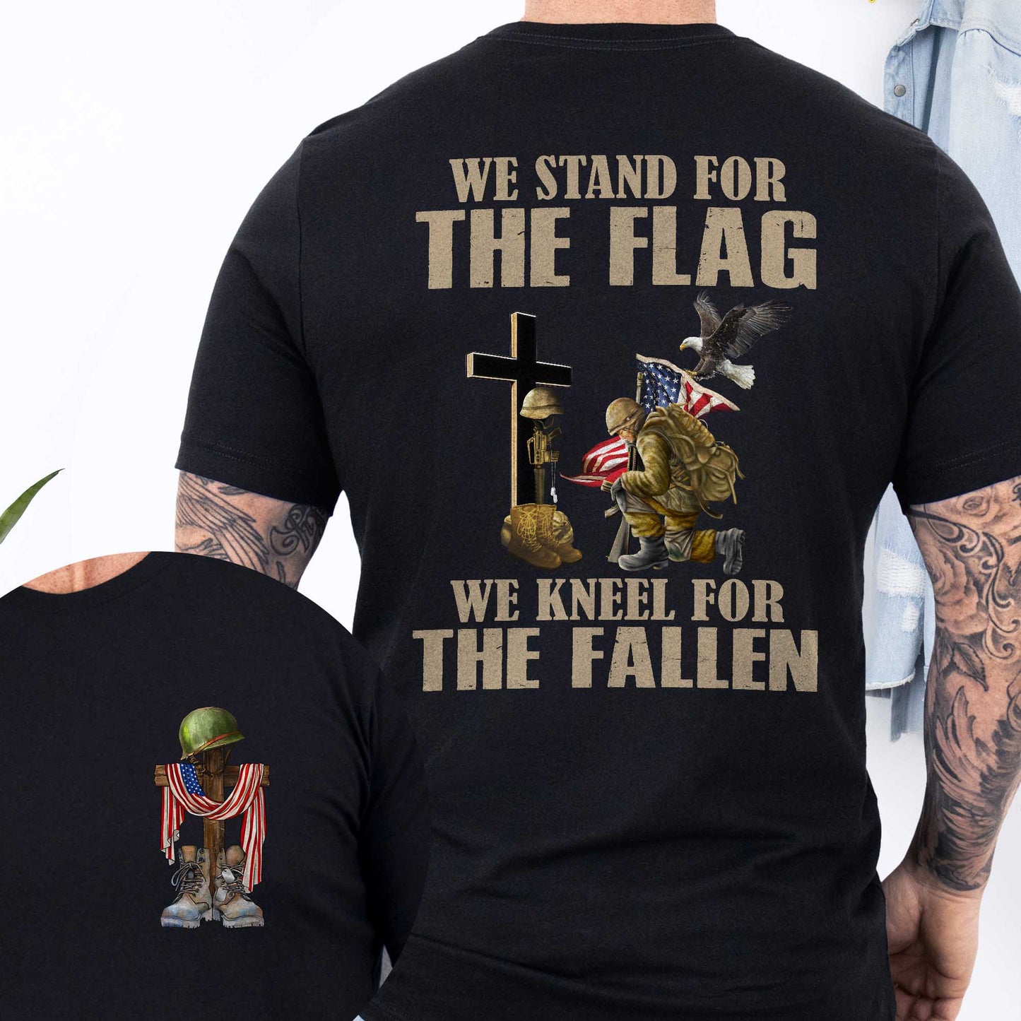 Veteran Kneeling Christ Cross We Stand For The Flag We Kneel For The Fallen Veteran T-Shirt MLN3115TS