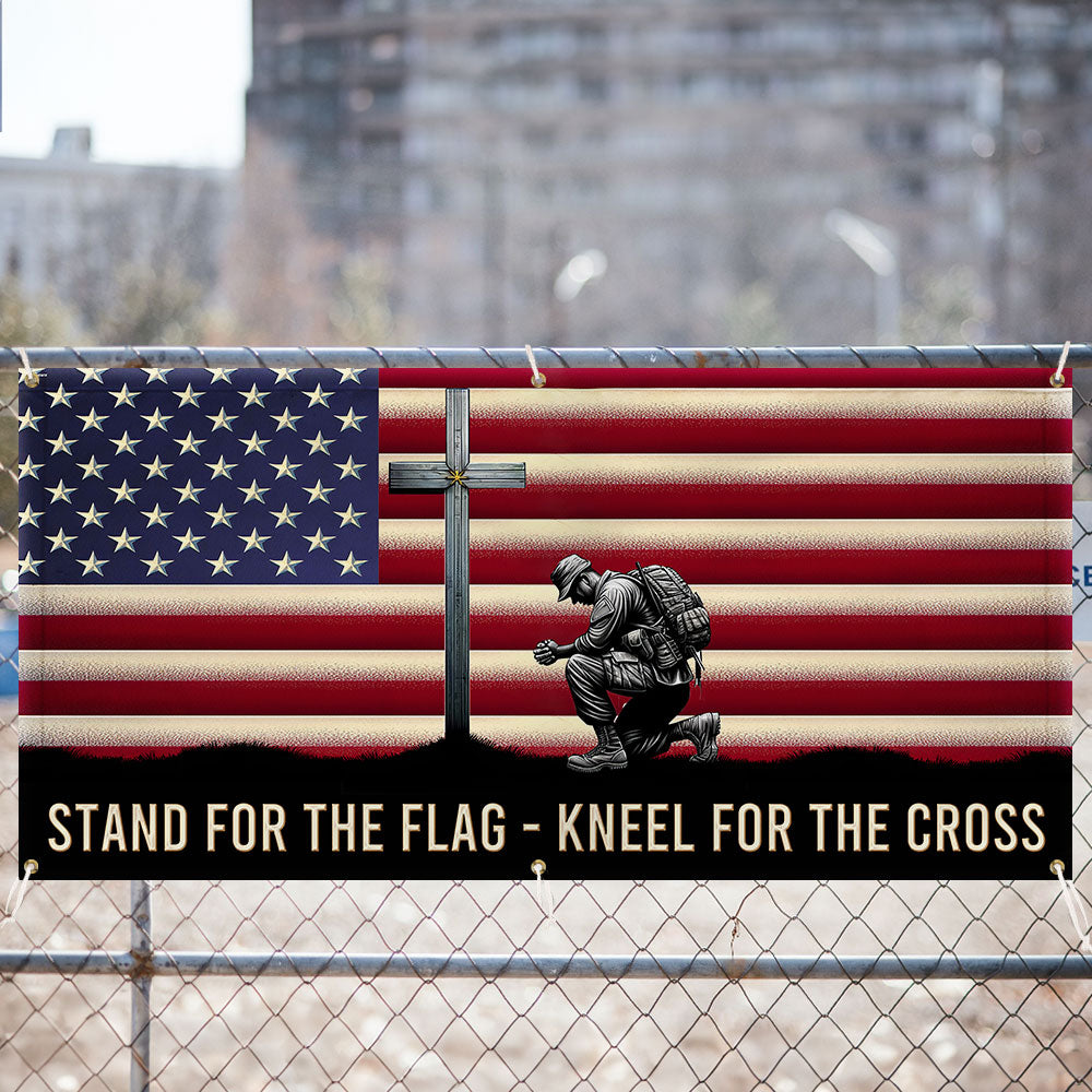 Memorial Day Veteran Kneeling Christ Cross American Fence Banner MLN2609FB